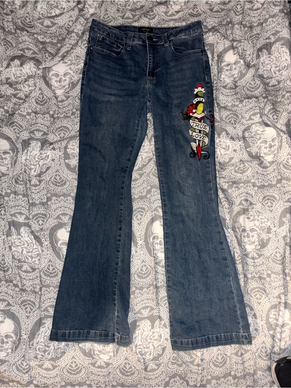 Ed Hardy Dark Blue Boot Cut Jeans with Multicolor 'True Love' Embroidery